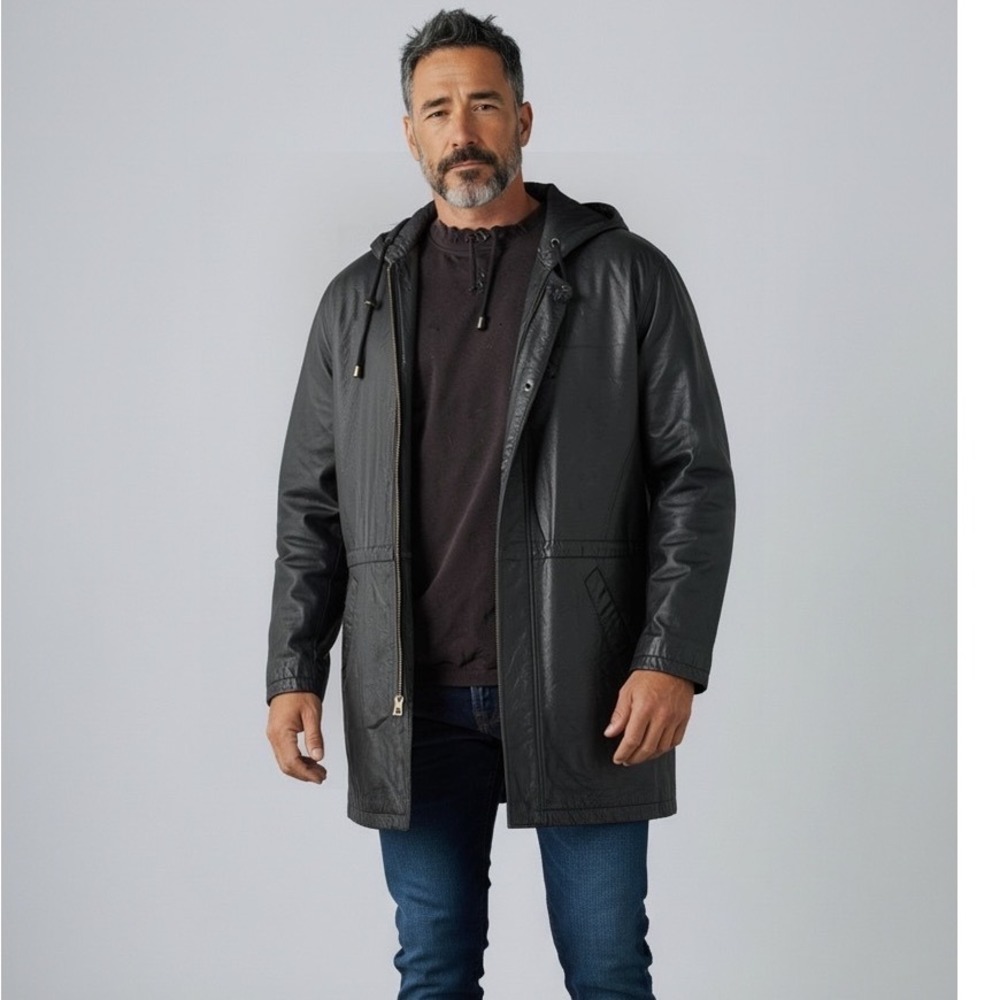 Wilsons The Leather Experts Mens Black Leather Hooded Parka Jacket XL